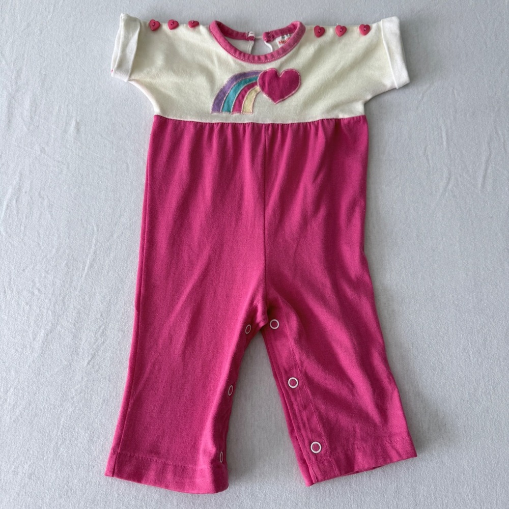 Health-tex Romper Baby 9M Vintage 80s Heart Rainbow Pink USA Retro Nostalgic
